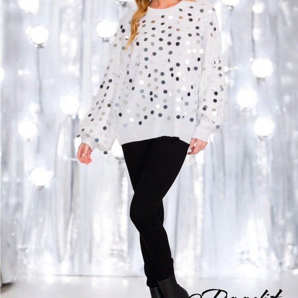 PEACH LOVE CALIFORNIA White shaker knit silver accent sweater S M L - Picture 3 of 10